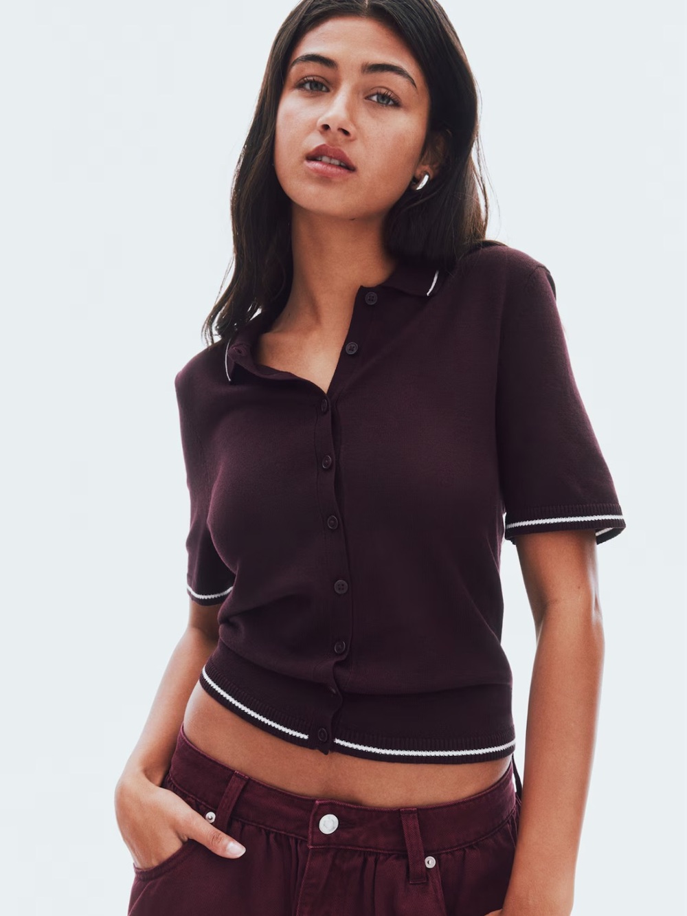 Divided Short-Sleeve Button-Down Polo in Wine with White Trim